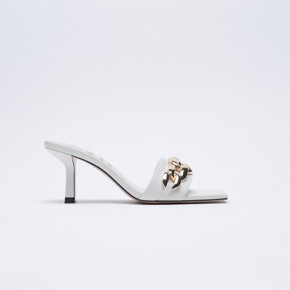 ZARA HIGH HEELED CHAIN SQUARED TOE WHITE SANDALS NEW WITH TAGS US 6.5 / EUR 37 - Picture 2 of 9